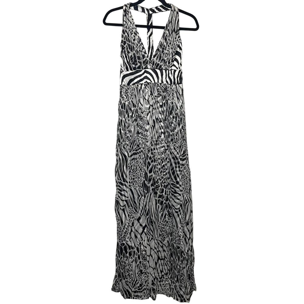 Y2K Marciano 100% Silk Zebra Mixed Animal Print Halter Top Maxi Dress Size M